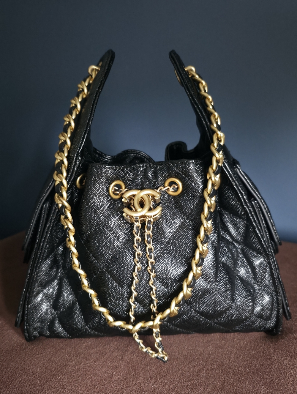 Black Leather Shoulder Bag with Gold Chain Strap